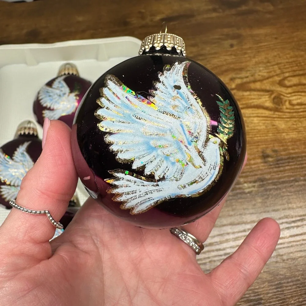 Christmas by Krebs Glass Ornaments Purple Plum Dove of Peace Set of 4 USA Made